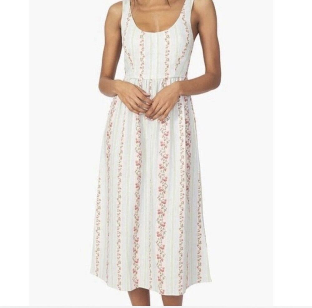French Linen Midi Dress Rose Stripe M Corset Flare Floral Lagen Cottage Coquette